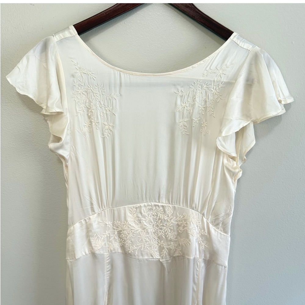 Zara Home Cream Satin Embroidered Flutter Sleeve Open Back Nightgown SZ L NWT - Picture 3 of 11